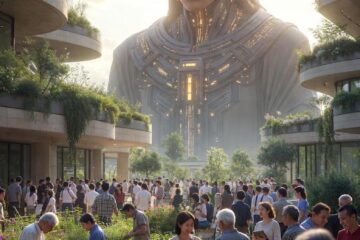 Futuristic utopian scene with giant humanoid figure