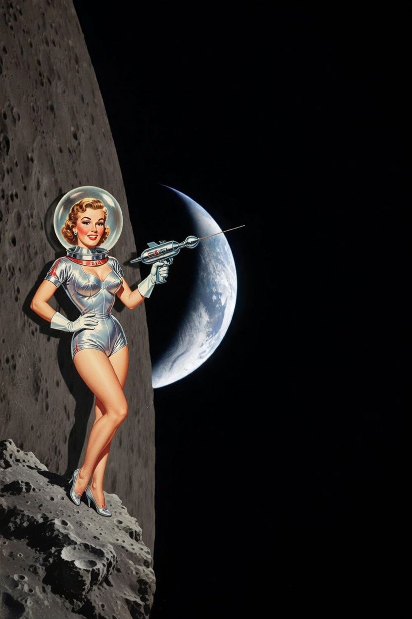 Retro space babe pinup on moon with Earthrise