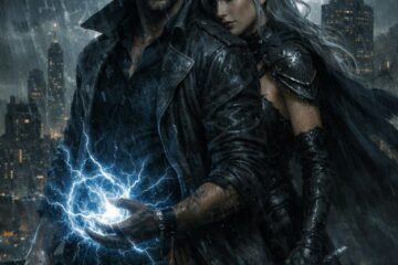 Urban fantasy scene - man with magic and elf woman on rooftop
