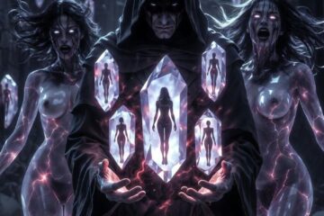 Dark fantasy illustration: hooded figure with floating crystals containing trapped souls, flanked by two ethereal female figures