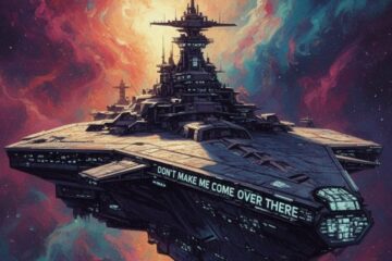 Massive spaceship with text "Don't Make Me Come Over There" in a colorful nebula