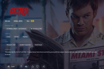 Stremio series page for Dexter showing the WOKE SCORE row: Is It Woke or Not? not reviewed, isitwoke.io 13%