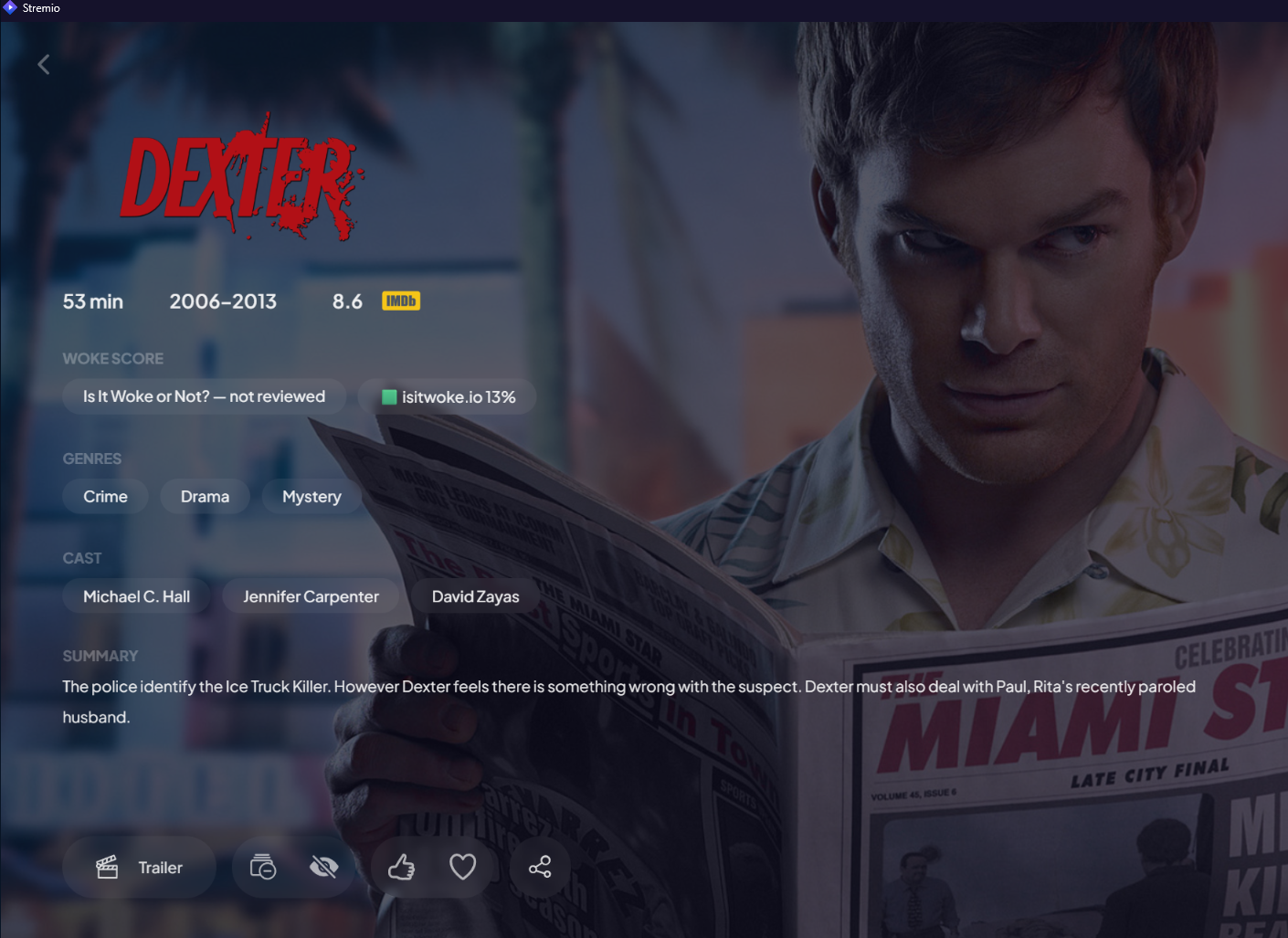 Stremio series page for Dexter showing the WOKE SCORE row: Is It Woke or Not? not reviewed, isitwoke.io 13%