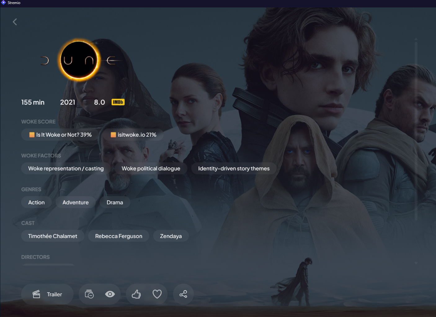 Stremio page for Dune showing the WOKE SCORE row: Is It Woke or Not? 39% and isitwoke.io 21%, with the woke factors underneath