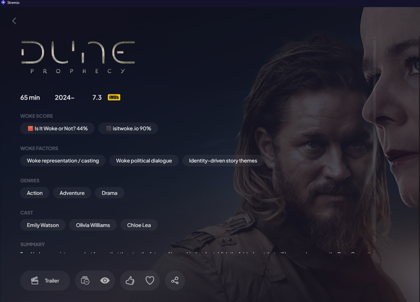 Stremio page for Dune: Prophecy showing WOKE SCORE: Is It Woke or Not? 44% and isitwoke.io 90%