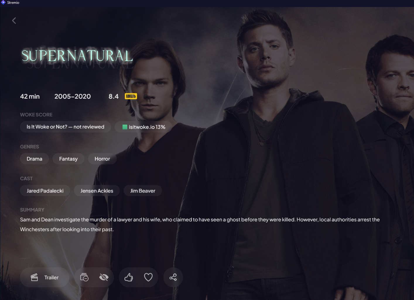 Stremio series page for Supernatural showing WOKE SCORE: Is It Woke or Not? not reviewed, isitwoke.io 13%