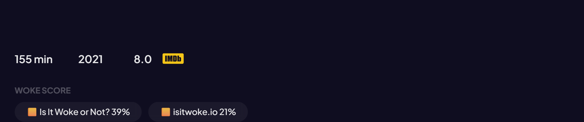 Stremio movie page showing a WOKE SCORE row with Is It Woke or Not? 39% and isitwoke.io 21%